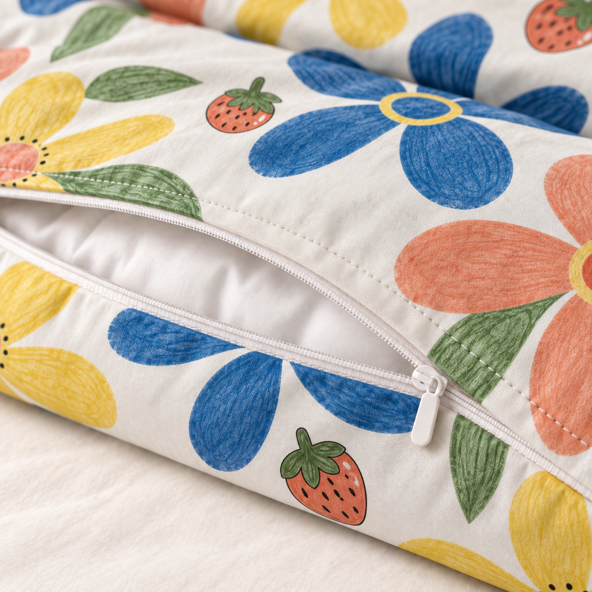 COLCHA HOME Berry Bloom COLCHA LITTLE duvet cover detail.